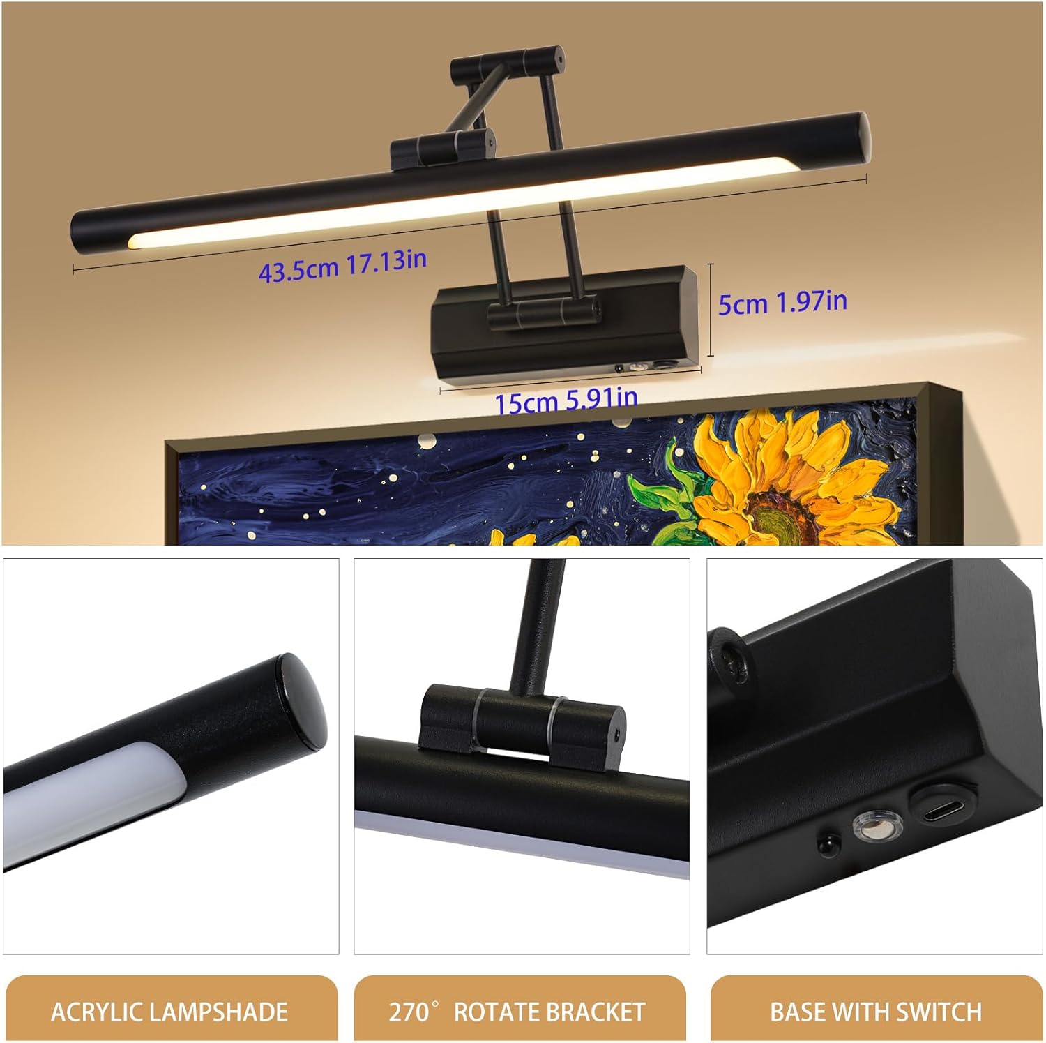 17"Battery Operated Picture Light, 5200mAh Rechargeable Wall Light for Paintings, 3-Color & Dimmable LED Art Light with 270° Rotate Arm, Cordless Frame Lighting for Gallery, Living Room, Black