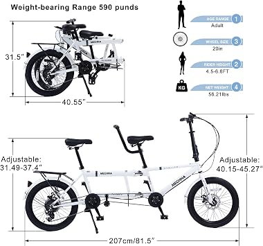Foldable Tandem Bike, 20City Tandem Folding Bicycle, 7-Speed Adjustable Cruiser Bike Folding Bike with 3 Seats& Disc Brake, CE FCC CCC