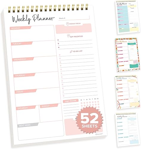 Decorably 52 hojas de agenda semanal sin fecha, color rosa nude, bloc de notas de 6.5 x 10 pulgadas, calendario semanal con resorte para horario,