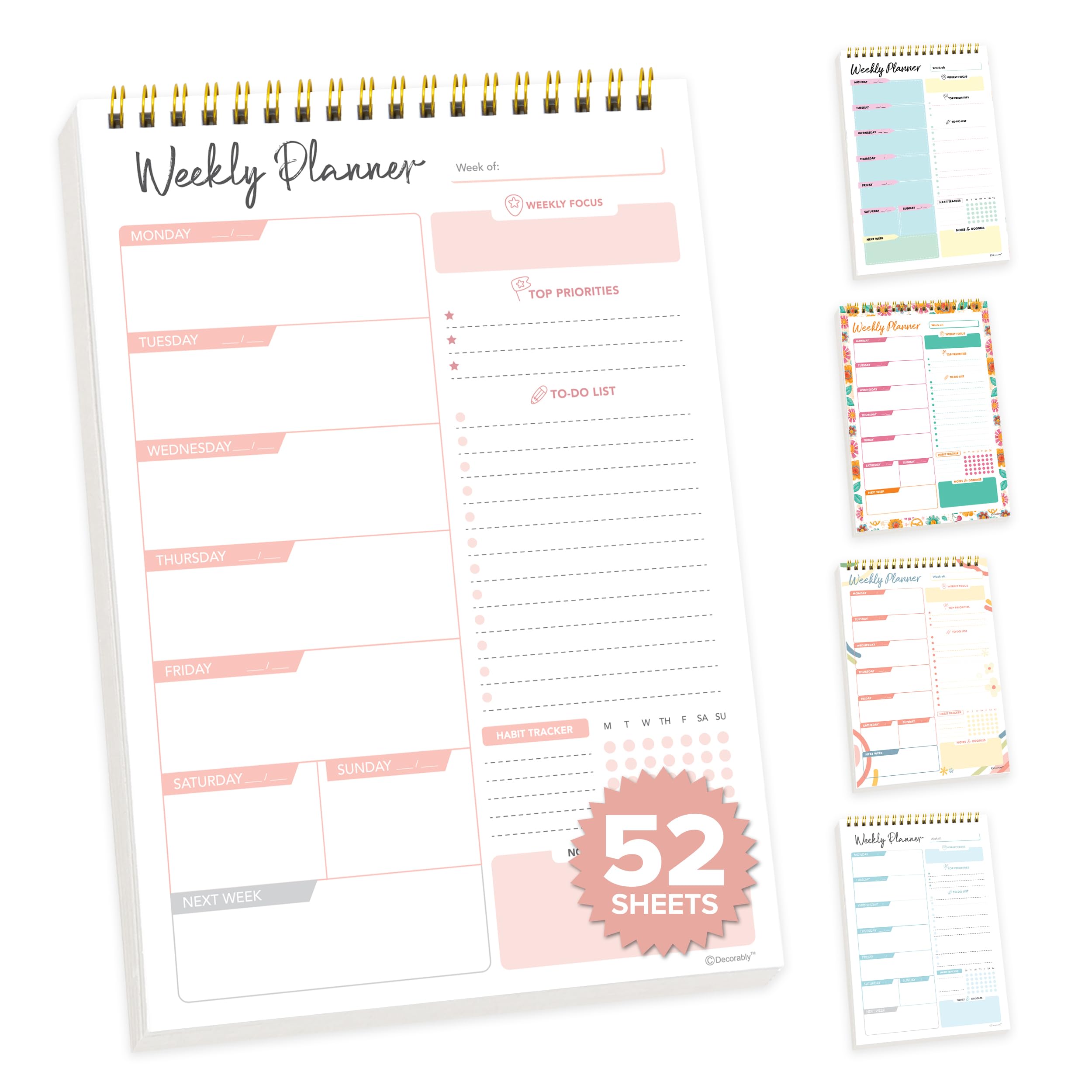 Colortouch Planificador Semanal (50 Hojas), Sin Fecha Fija, Calendario De Escritorio Con Lista De ToDo Y Planificador Diario, Planificador Semanal Sin Fecha, Serie Colorful World,3 Piezas
