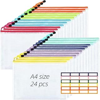 A4 Mesh Zipper Pouch Bags, 24pcs 8 Colors Zip Pouches, Zipper Pouch with Sticky Labels, Zipper Pouches for Classroom, Plastic Zipper Pouches
