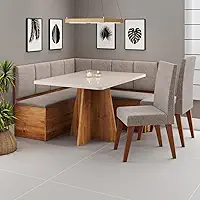 Conjunto Canto Alemão com Baú Mesa 120x77,8cm Tampo com Vidro e 2 Cadeiras Milão Mel/Off White/Kaki