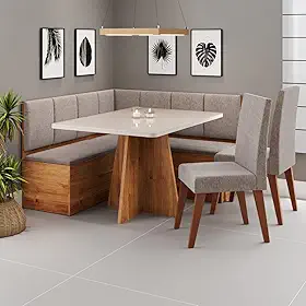Conjunto Canto Alemão com Baú Mesa 120x77,8cm Tampo com Vidro e 2 Cadeiras Milão Mel/Off White/Kaki