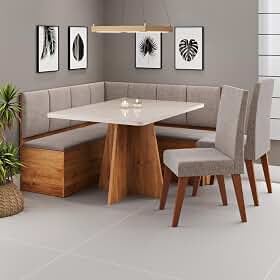 Conjunto Canto Alemão com Baú Mesa 120x77,8cm Tampo com Vidro e 2 Cadeiras Milão Mel/Off White/Kaki