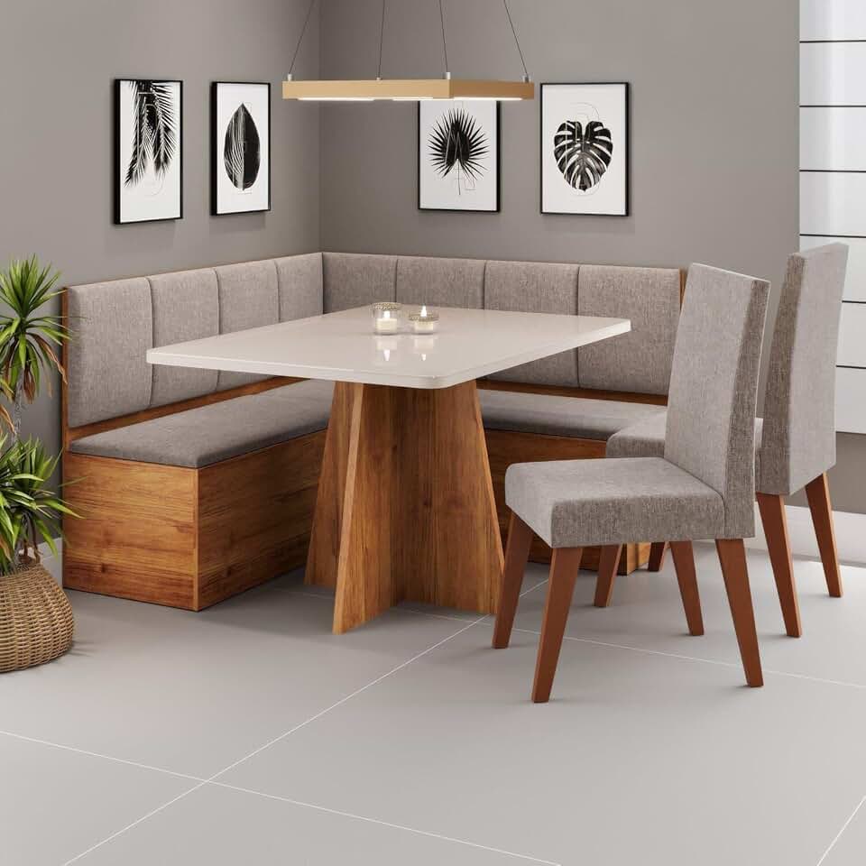 Conjunto Canto Alemão com Baú Mesa 120x77,8cm Tampo com Vidro e 2 Cadeiras Milão Mel/Off White/Kaki