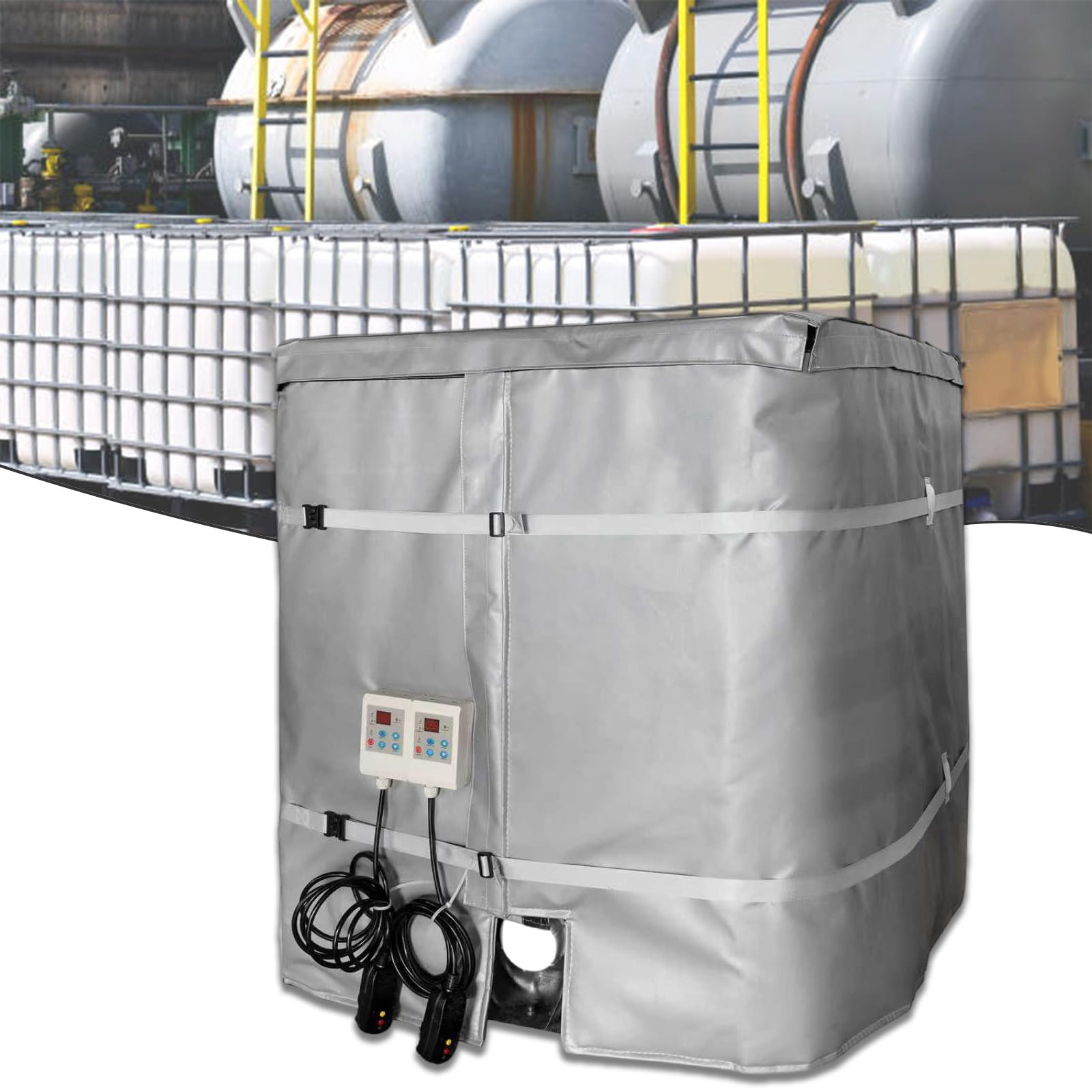 Grzejnik do Beczki IBC Jednotonowej, Koc Grzewczy do Beczki, Grzejnik do Beczki Olejowej 275 Gal (1000L), Regulator Temperatury 0~105℃/212°F, Wodoodporne Materiały Izolacyjne White