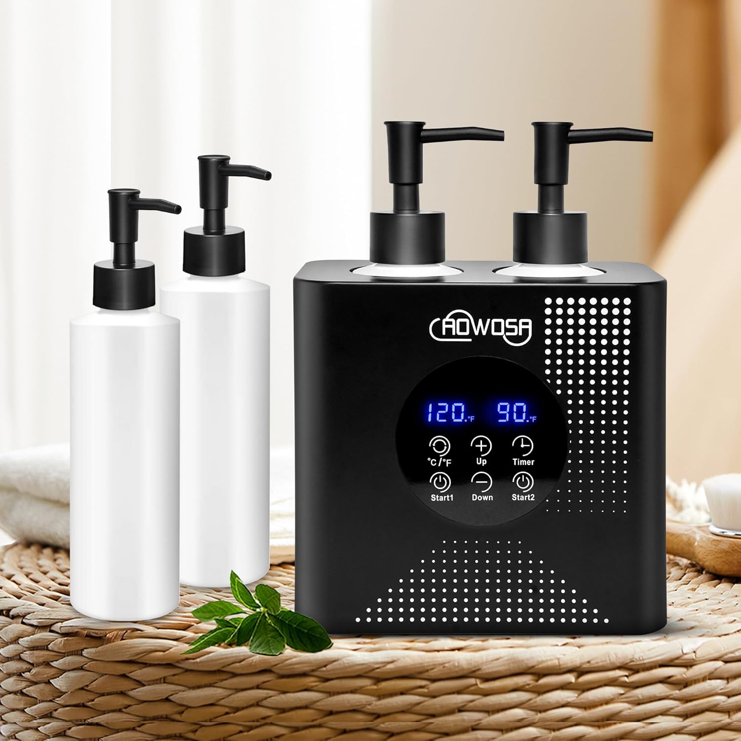 Massage Oil Warmer Double Bottle Professional Electric Lotion Digital Heater for SPA, Portable Oil Warmer Heated Cream for Beauty Salon Home, with ℃/℉ Switchable Display, Four Dispenser Bottle