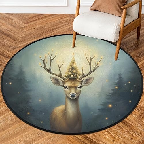 Alfombra redonda de árbol de Navidad con diseño de reno de 3 pies, lavable a máquina, para comedor, mesa, dormitorio, sala de juegos, alfombra para