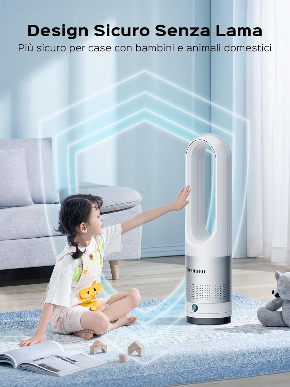 Senmeo Ventilatore a Torre Senza Pale da 55cm, Ventilatore a Colonna Silenzioso con Telecomando, 8 Velocità, Oscillazione a 90°, Timer da 9 Ore, Display LED, Ventilatore Potente per Camera, Ufficio Bianco + Argento - Immagine 2