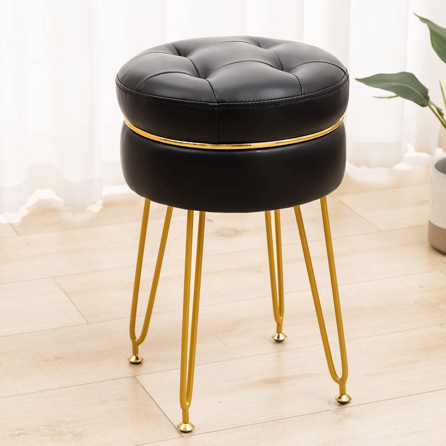 LUE BONA 360°Swivel Vanity Stool Chair, Black Faux Leather