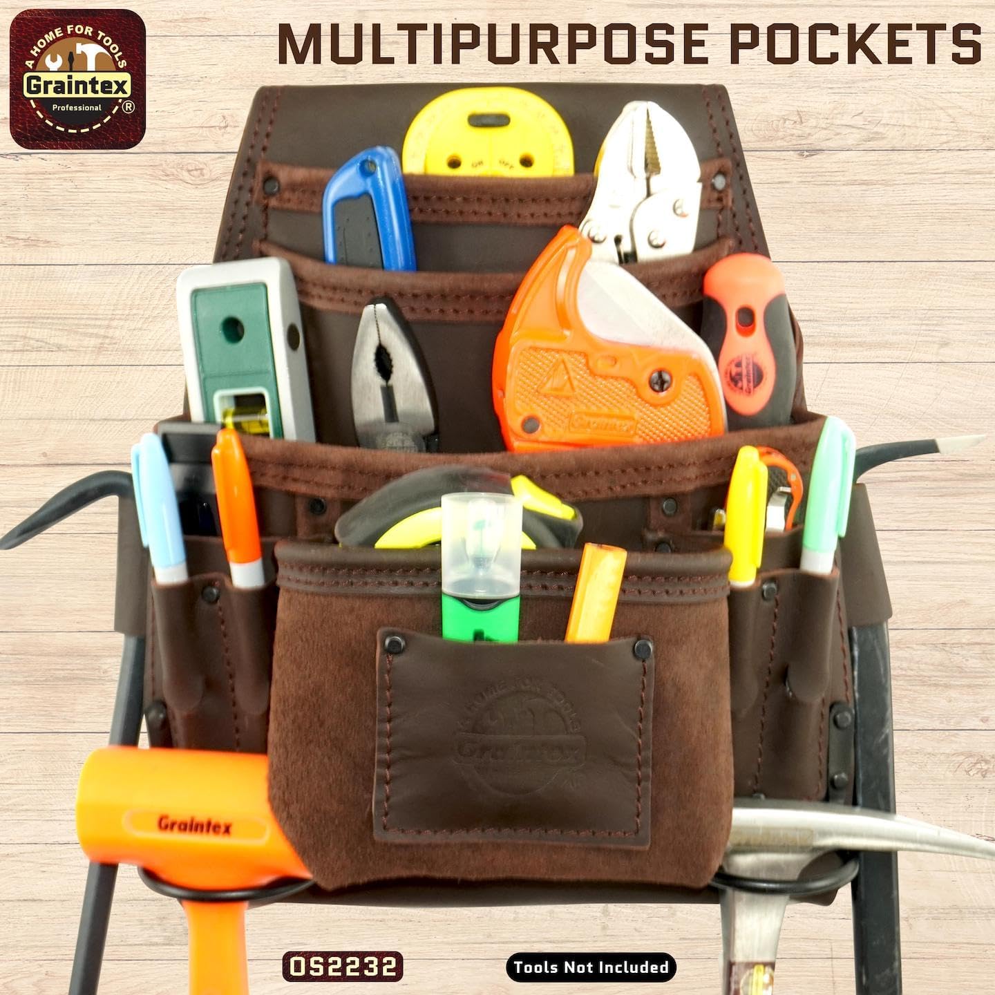 Graintex OS2232 10 Pocket Nail & Tool Pouch Top Grain Oil Tanned Leather for Framers, Constructors, Electricians, Plumbers, Handyman Brown