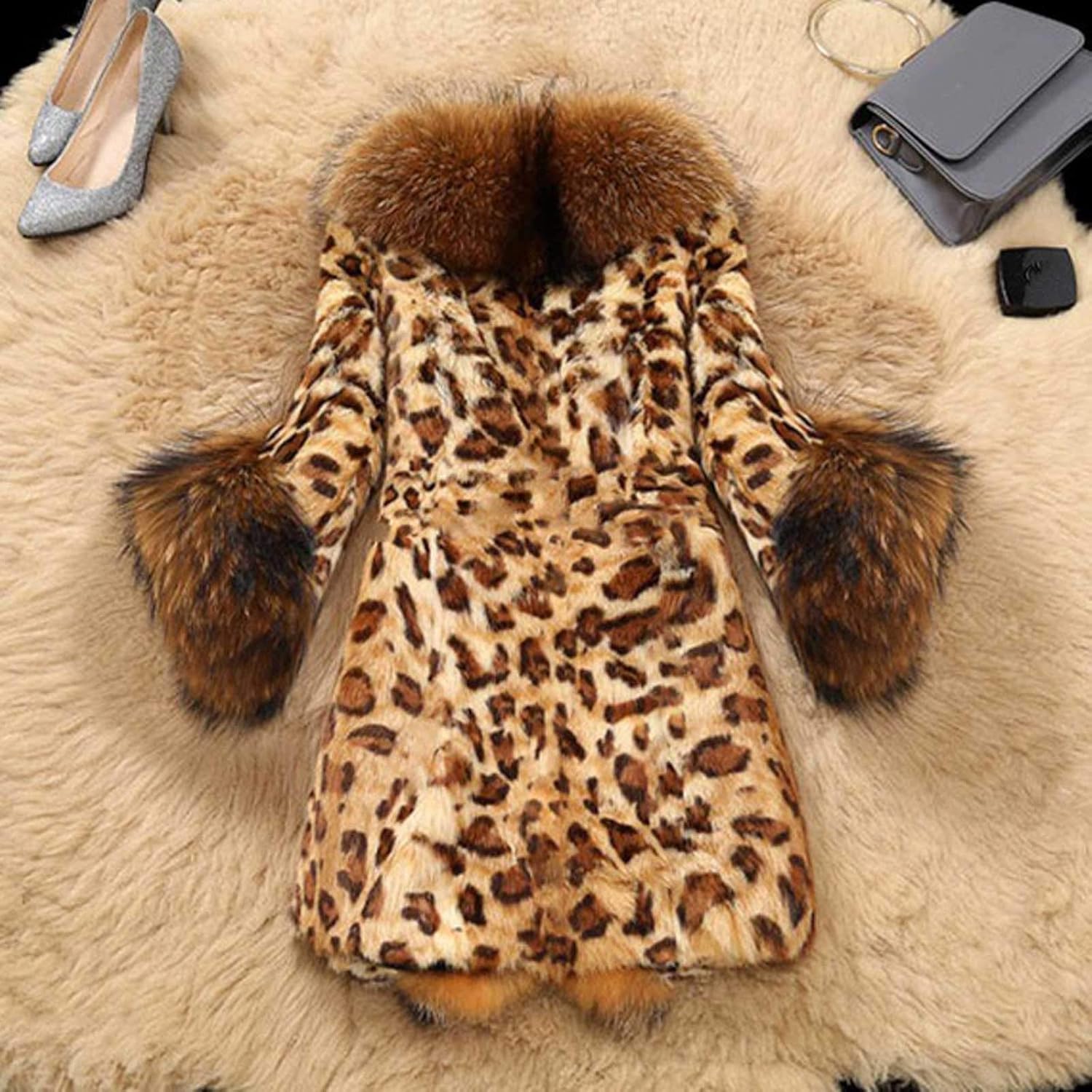 Faux Fur Coat Women Leopard Print Coat Fuzzy Fleece Jacket Open Front Cardigan Fashion Winter Coats Warm Outwear