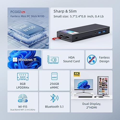 Miniatura 37 de MeLE PCG02 Mini PC Stick sin ventilador, J4125 8 GB 128 GB Escritorio Computadora Stick,Soporte WiFi 4K HDMI PXE desbloqueado Bios, Micro PC Auto