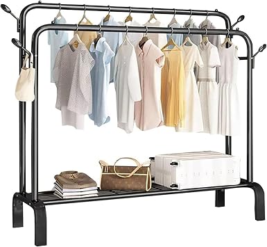 Heavy Duty Clothes Rail - Sturdy Black Metal Rack with Double Hanging Rods, Shoe Rack Shelf, 4 coat hooks, Freestanding Wardrobe Rail for Bedroom, Shop - Black Clothing Rail Rack Without Wheels