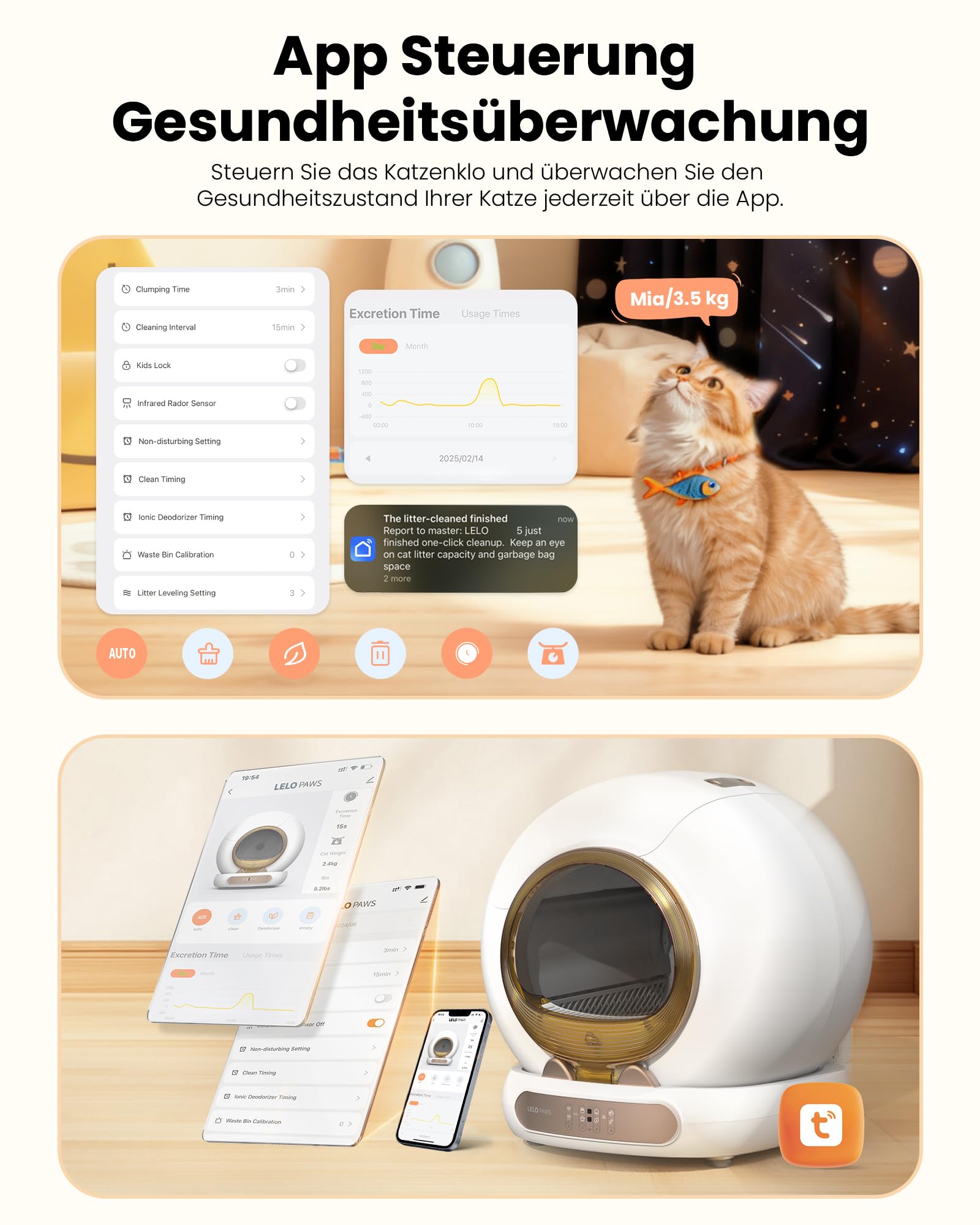 Selbstreinigende Katzentoilette mit Türvorhang, 65L+9L Katzenklo Selbstreinigend mit Müllbeutel, Matte, APP Steuerung, Desodorieren, Elektrisches Katzenklo für Mehrere Katzen, Golden