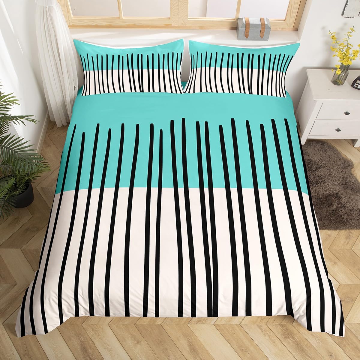 Homewish Turquoise White Geometric King Duvet Cover Set - Abstract Black Vertical Striped Bedding Set - Mid-Century Art Deco Microfiber Quilt Cover Modern Stylish Bed Sets with 2 Pillowcases