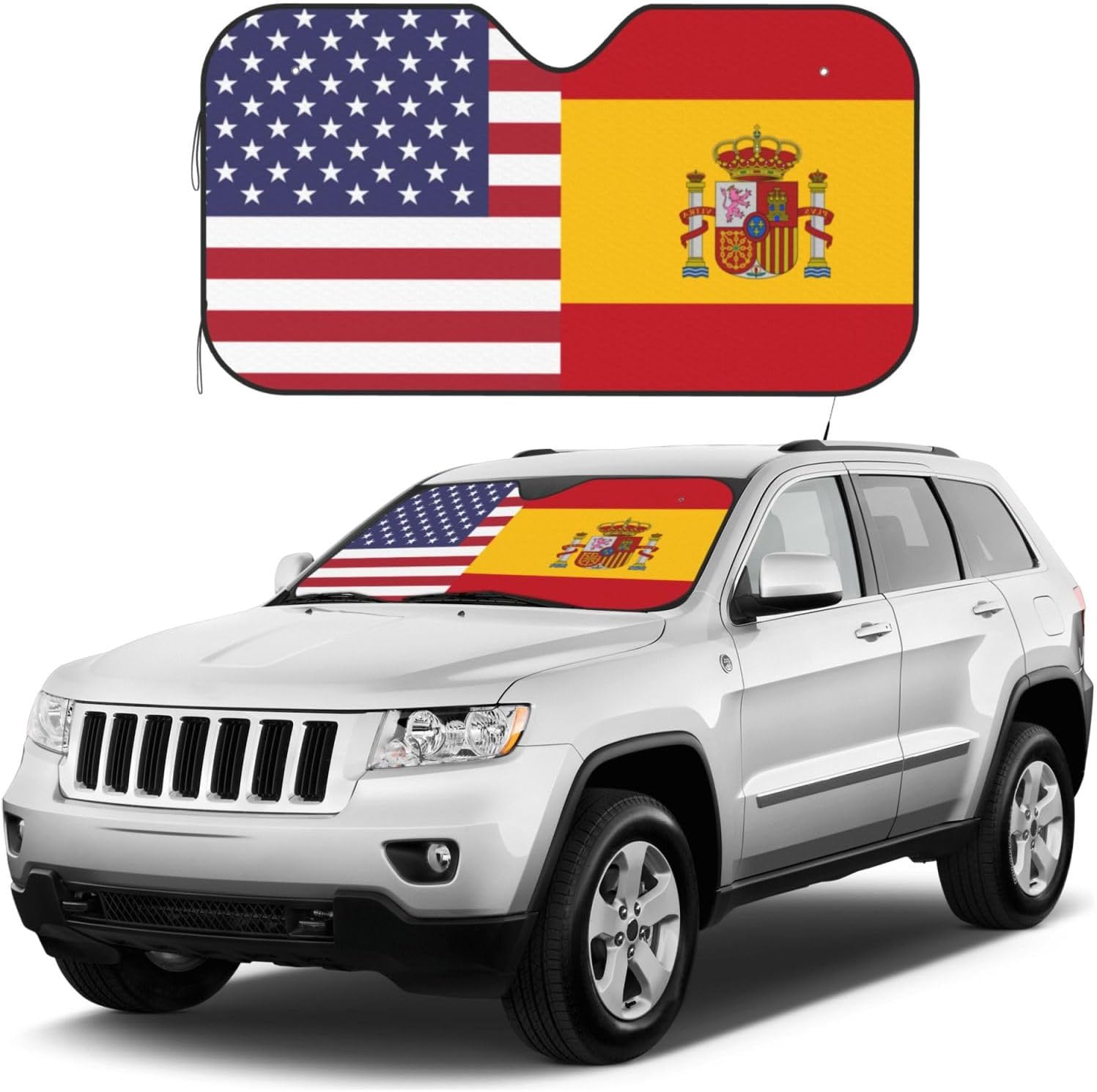 America Spain Friendship Flag Foldable Car Windshield Sunshade Blocks Heat and Sun Glare Uv Rays