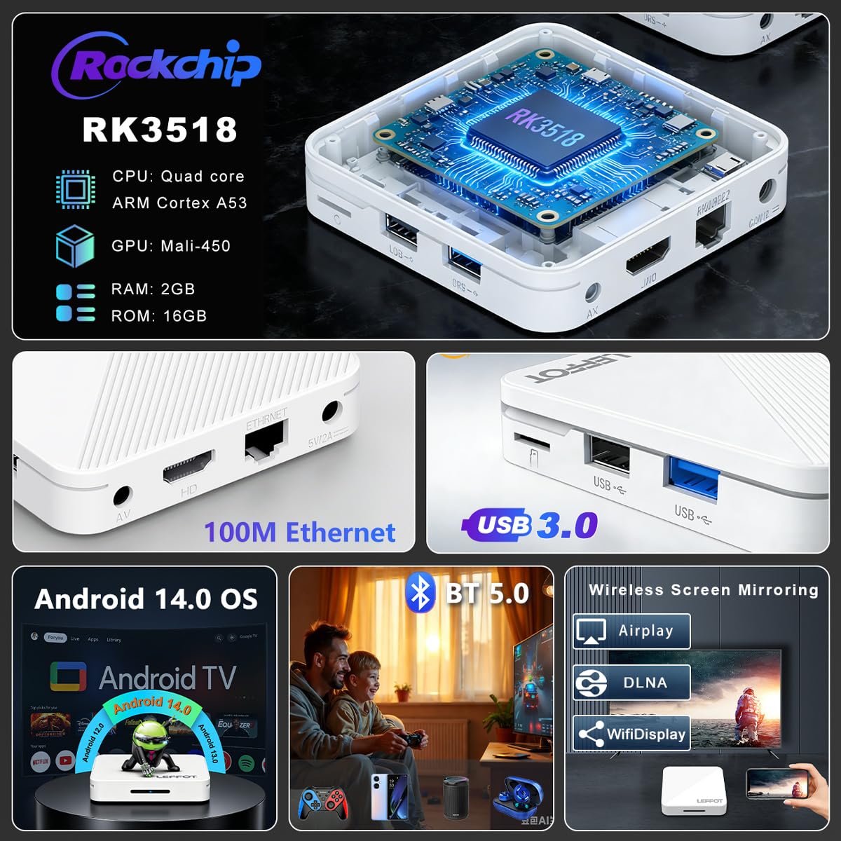 Android 14.0 TV Box 2026, 2Go RAM + 16Go ROM, LEFFOT H313 4K Ultra HD Boitier IP-TV pour Streaming, Support 2.4/5G WiFi 6, 100M Ethernet, Contrôle Vocal, BT 5.4, USB 3.0, HDR10, RK3518 Quad-Core A53