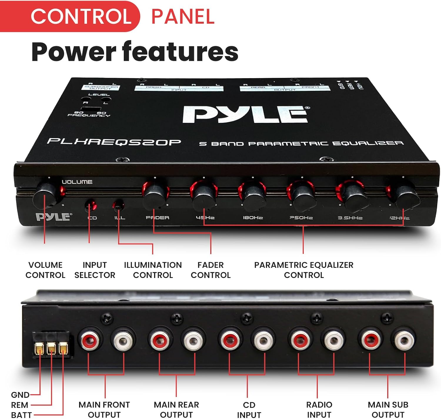 Pyle Parametric Equalizer with Subwoofer - 5 Volt RMS Pre-Amp Output with Subwoofer Gain Control, and 2 Input Sources Selectable, Red & Green Light Illumination Selector
