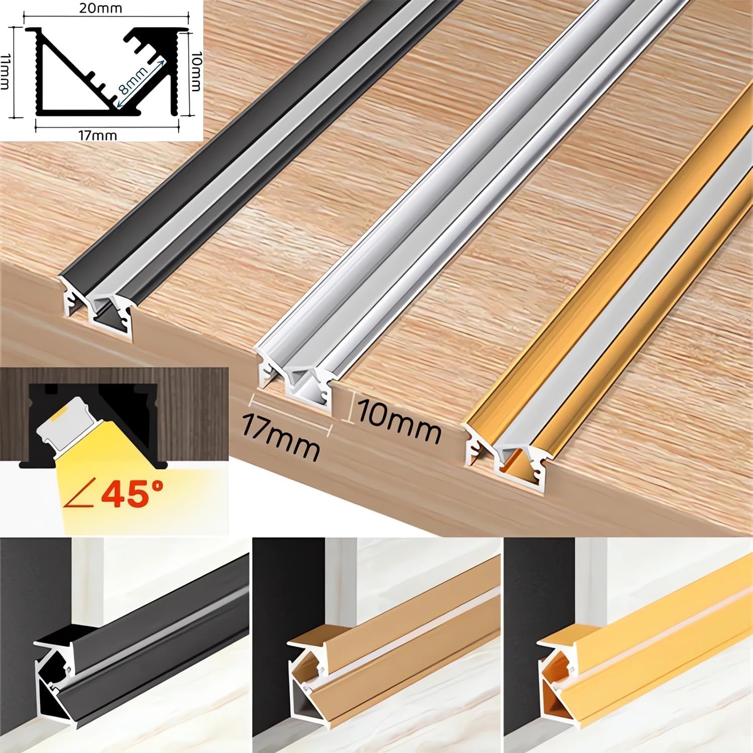 JARBIH 3.3ft/1M LED Recessed Aluminum Profiles, 10 Packs YW Shape 45º Oblique Beam Invisible Cabinet Light, Milky Cover Channel Wine Cabinet Hard Bar Strip Light(Black)