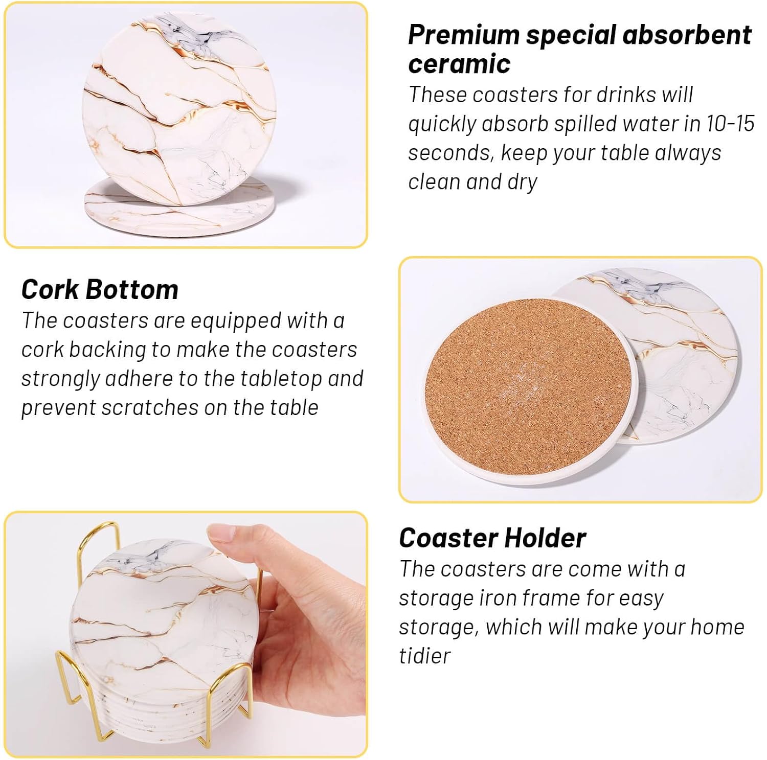 9 Pieces Ceramic Drink Coasters with Holder, Billbotk Absorbent Drink Coasters for Coffee Table, Marble Style Coasters Wooden Table, Suitable for Kinds of Cups, 4 Inches image 4