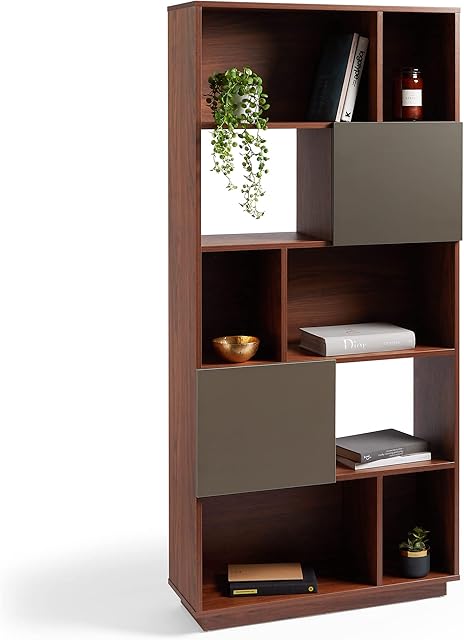 Spinningfield Large Bookcase  Wood Effect Book Shelf Unit - Tall Bookstand - Luxury Shelving Unit w/ Open Shelves - Home Office & Living Room Furniture - Walnut & Grey - Oxford Range