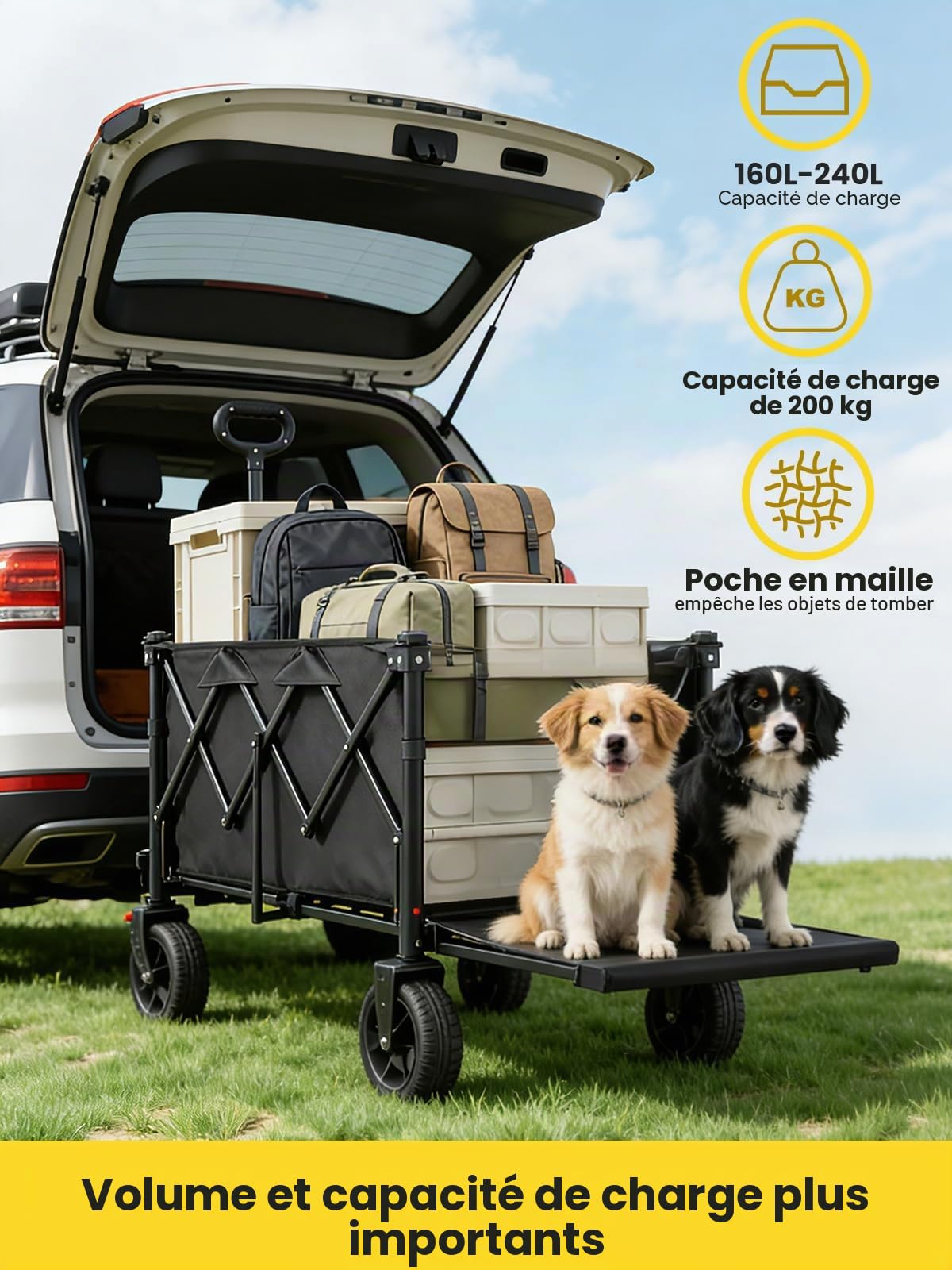 YEAUPE PRO Chariot Pliable 240L 200KG, Chariot de Courses Chariot Tout Terrain À Freins, Hayon Entièrement Rabattable À Plat pour Objets Longs – Idéal pour Courses Et Activités Extérieures