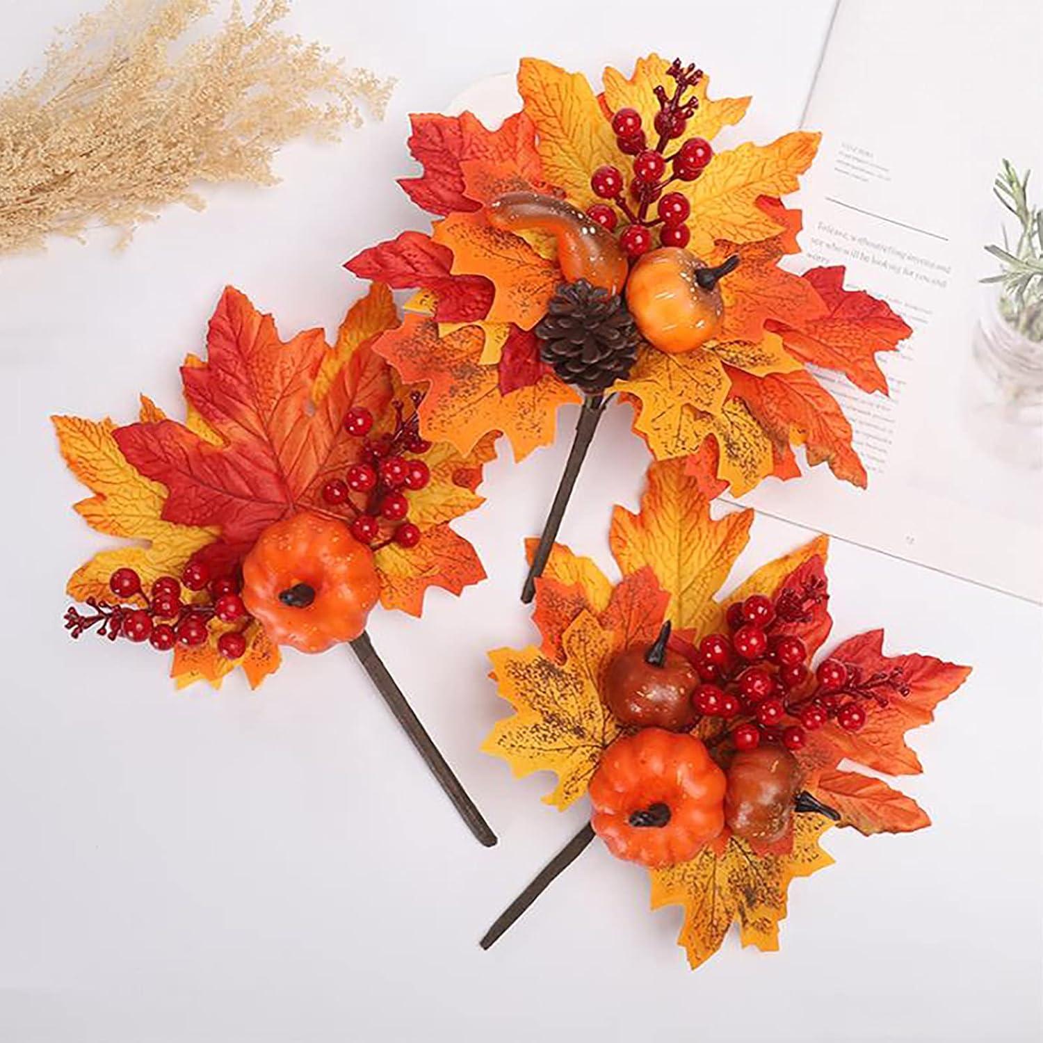 Fall Floral Picks, 5Pcs Artificial Maple Leaves Pumpkin Berry Stems Flower Decor Autumn Floral Picks for DIY Wreath Garland Vase Arrangment Thanksgiving Festival, 58535396104581803350301