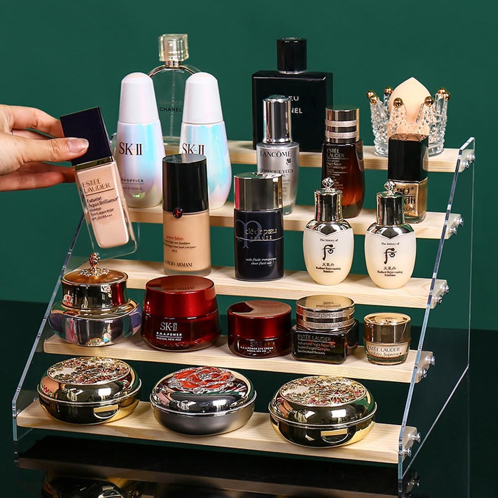 5 Tier Acrylic Wooden Display Stand, Clear Acrylic Display Riser Shelf Wood Tiered Display Shelf Rack Step Ladder Riser Stands for Cupcakes Perfumes Figures Collectibles
