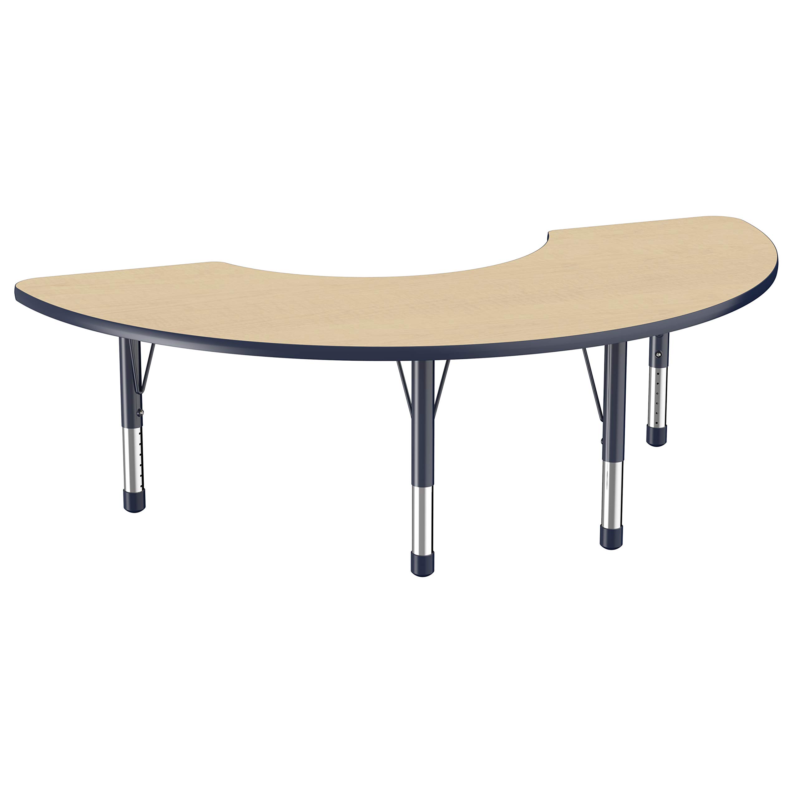 Photo 1 of [PARTIAL SET] FDP Half Moon Activity School and Classroom Kids Table (36 x 72 inch), Chunky Toddler Legs for Collaborative Seating Environments, Adjustable Height 15-24 inches - Maple Top and Navy Edge