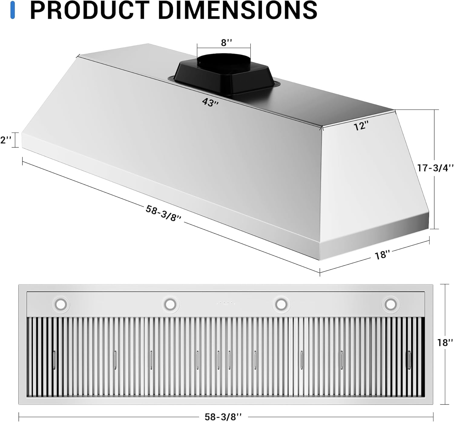 60-inch Range Hood Insert, CT Copper Tailor Built-In Vent Hood Ducted with 4-Speed Fan, 1260 CFM, LED Light, Dishwasher-safe Baffle Filter, in Stainless Steel