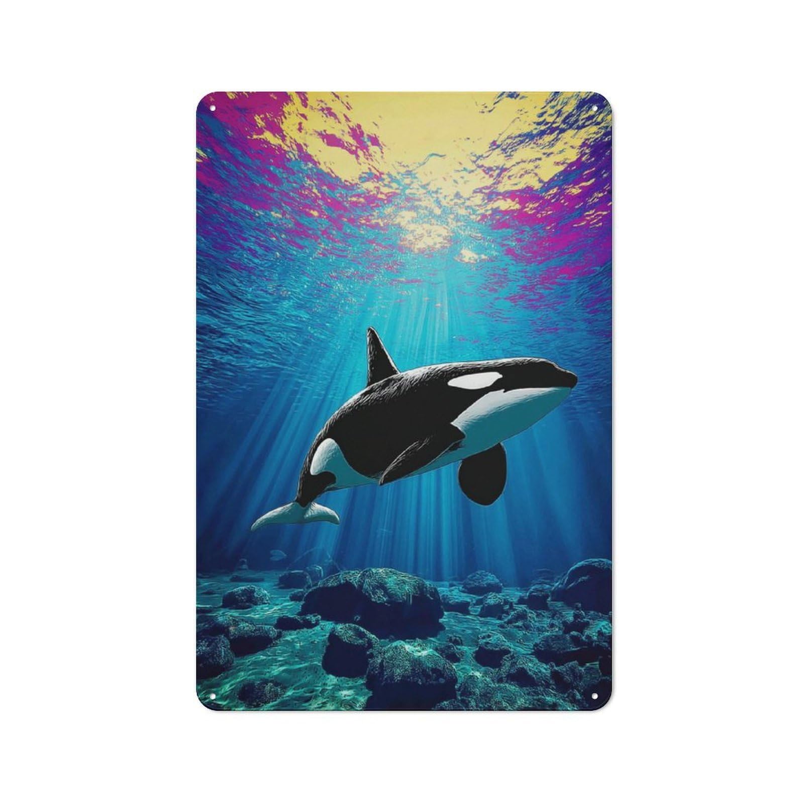 Junmoney Whale Swimming In Colorful Ocean Tin Wall Plaque 30X20cm With For Man Cave Or Games Room, For Garage, Workshop And Man Cave Decoration