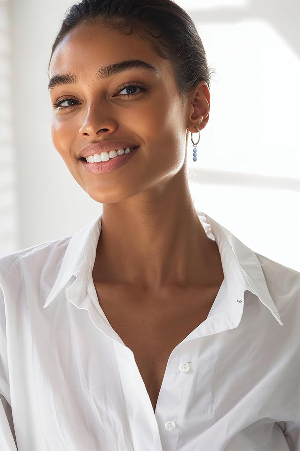 Blue Opal Hoop Earrings in 925 Sterling Silver - 40mm Length with 5mm Round Beads - Blue Opal Earrings for Women Sterling Silver - Perfect for Gifting and Everyday Wear - Image 2