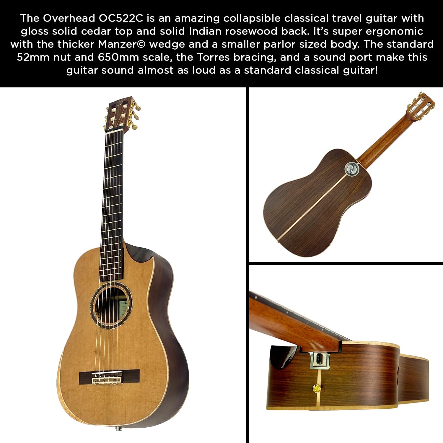Journey Instruments Solid Cedar Classical Travel Guitar – OC522C Traveling Nylon String Guitar with Collapsible Patented System – Portable Backpack Case (Solid Pau Ferro)