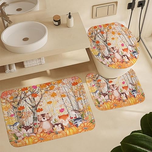 Miniatura 6 de Juego de 4 cortinas de ducha de otoño con diseño de bosque y vida silvestre, cabaña de acuarela, animales del bosque, ardilla, oso, zorro, hojas de