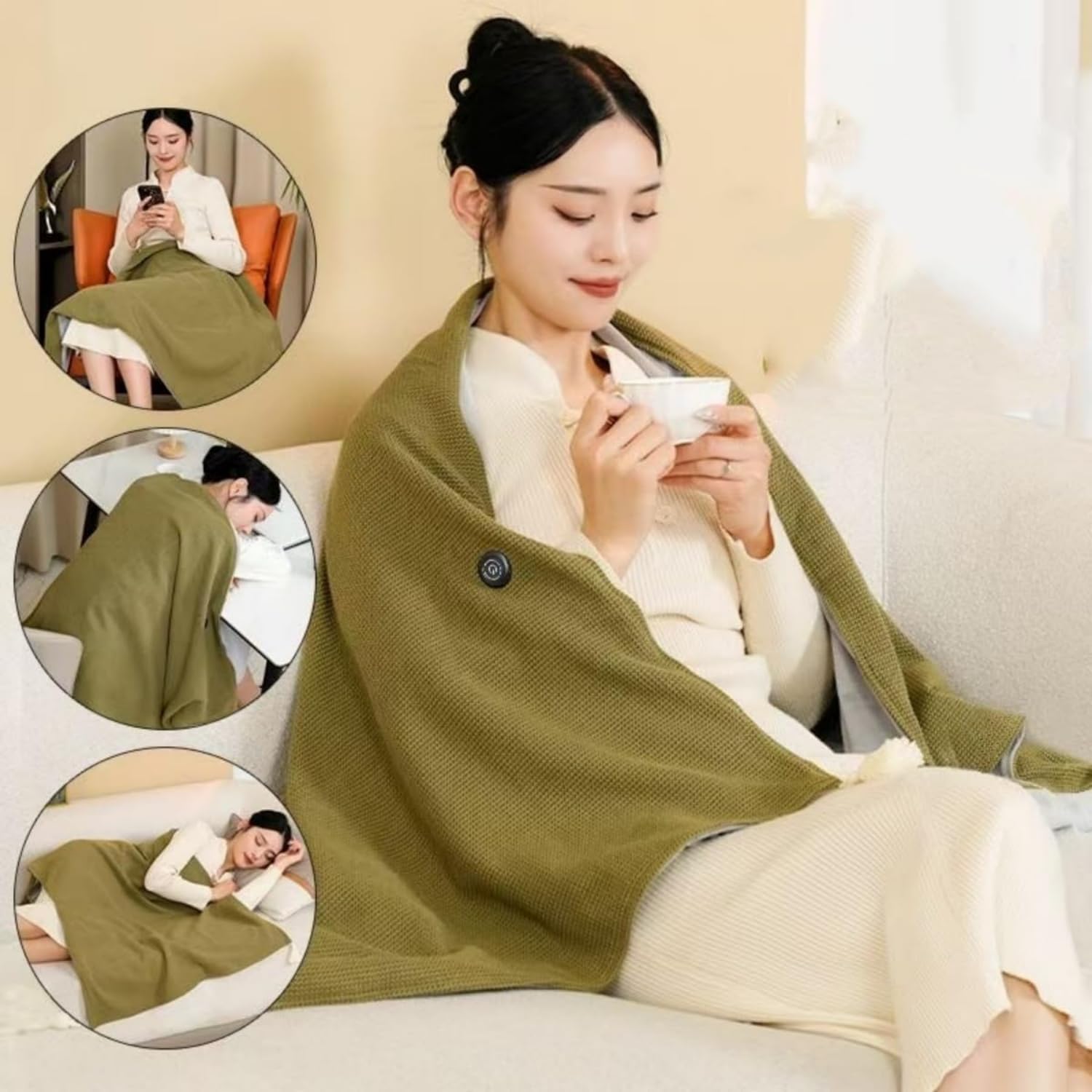 Portable Heated Shawl Wrap for Women, USB Rechargeable Electric Heating Blanket with Button Design, Portable Warm Heating Scarf Throw for Car, Office & Home Winter (Maple red)