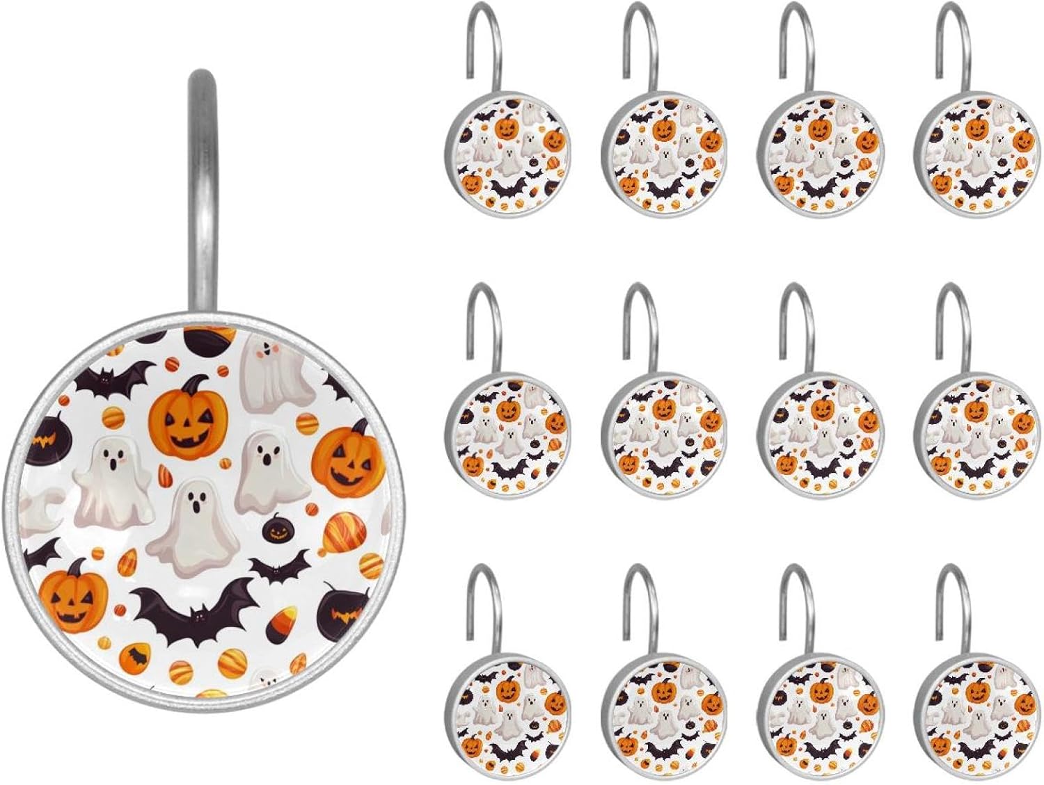 Set of 12 Shower Curtain Hooks, Shower Curtain Rings Crystal Glass Decorative Bathroom Hook, Halloween Bats Candies Pumpkins