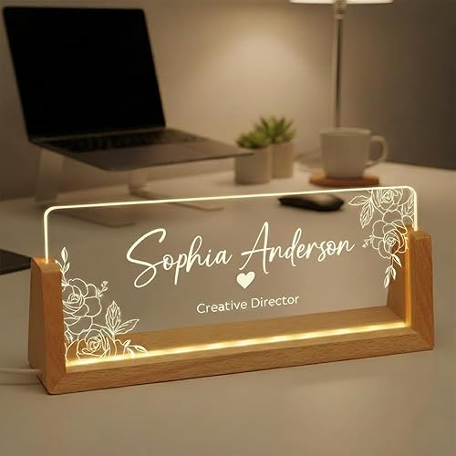 Noni Placa de identificación LED personalizada para escritorio, placa de identificación de escritorio de acrílico iluminada con base de madera