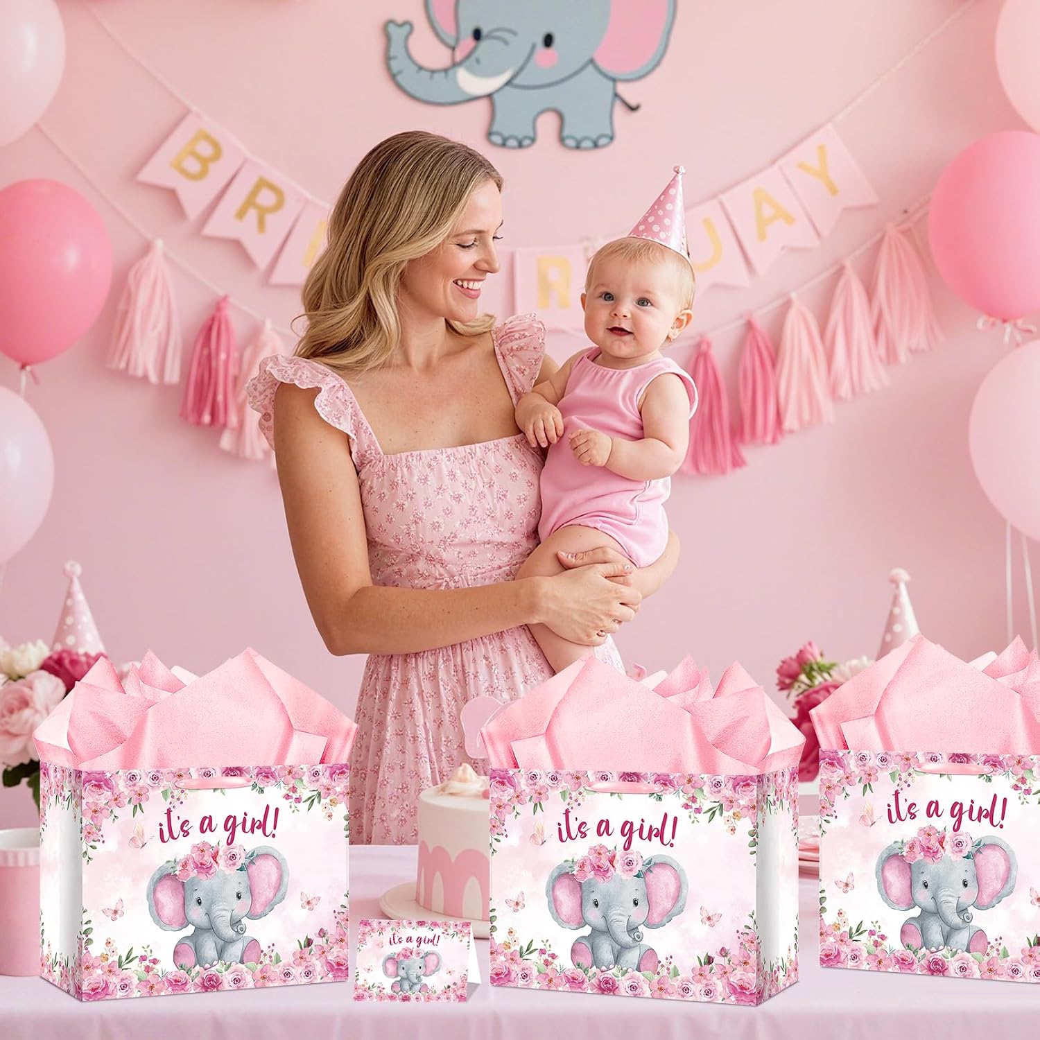Pink Baby Shower Paper Bag for Girls Elephant Gift Bag with Card Tissue Paper Watercolor Elephant Baby Shower Decorations for Christmas Baby Girls Birthday Party Gender Reveal Favors Decorations Supplies image 3