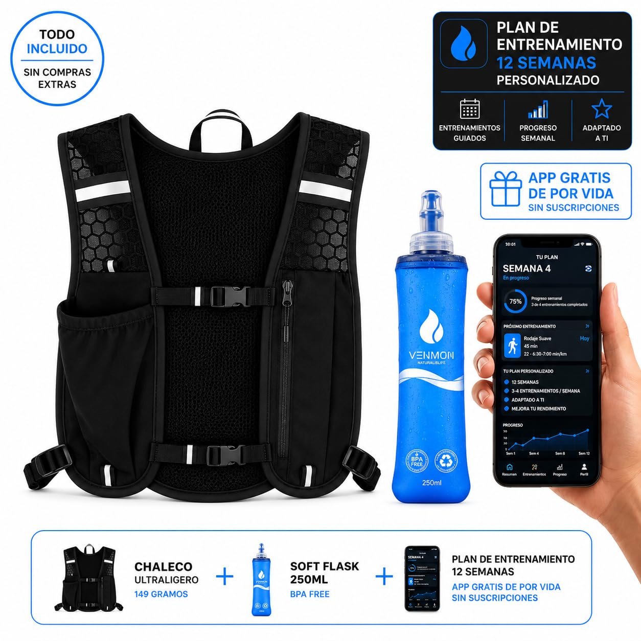 Chaleco Running Hombre Mujer con Botella 250 ml, Chaleco Hidratación Trail Running Ultraligero, Mochila Running Transpirable con Bolsillo para Móvil y Ajuste Reflectante para Correr