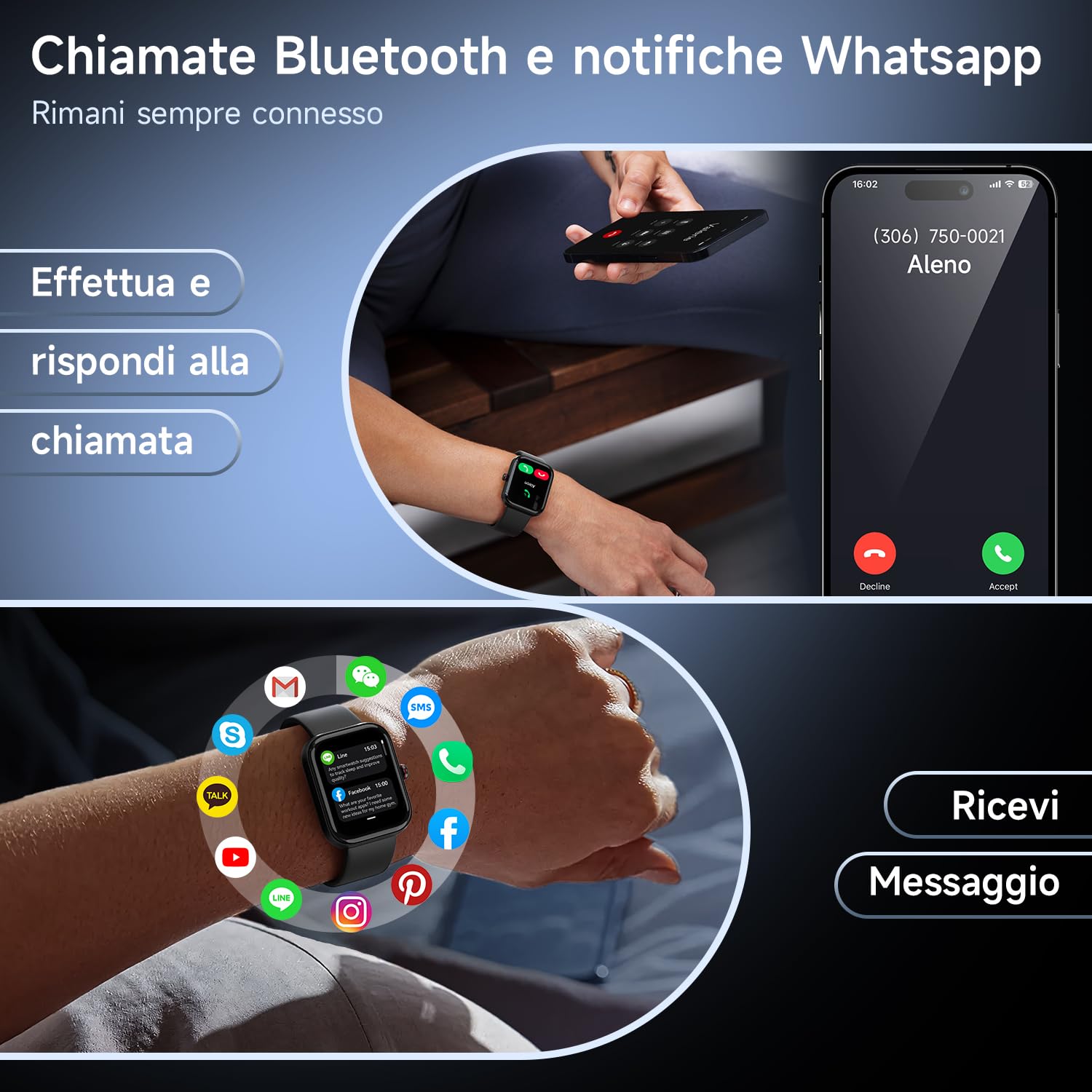 WMK Smartwatch Uom Orologio Fitness con Rispondere/effettuare Chiamate Cardiofrequenzimetro Sonno Alexa SpO2 Contapassi-IP68 Smart watch donna con 110+ Sportive calorie Giochi per iOS Android(Nero)