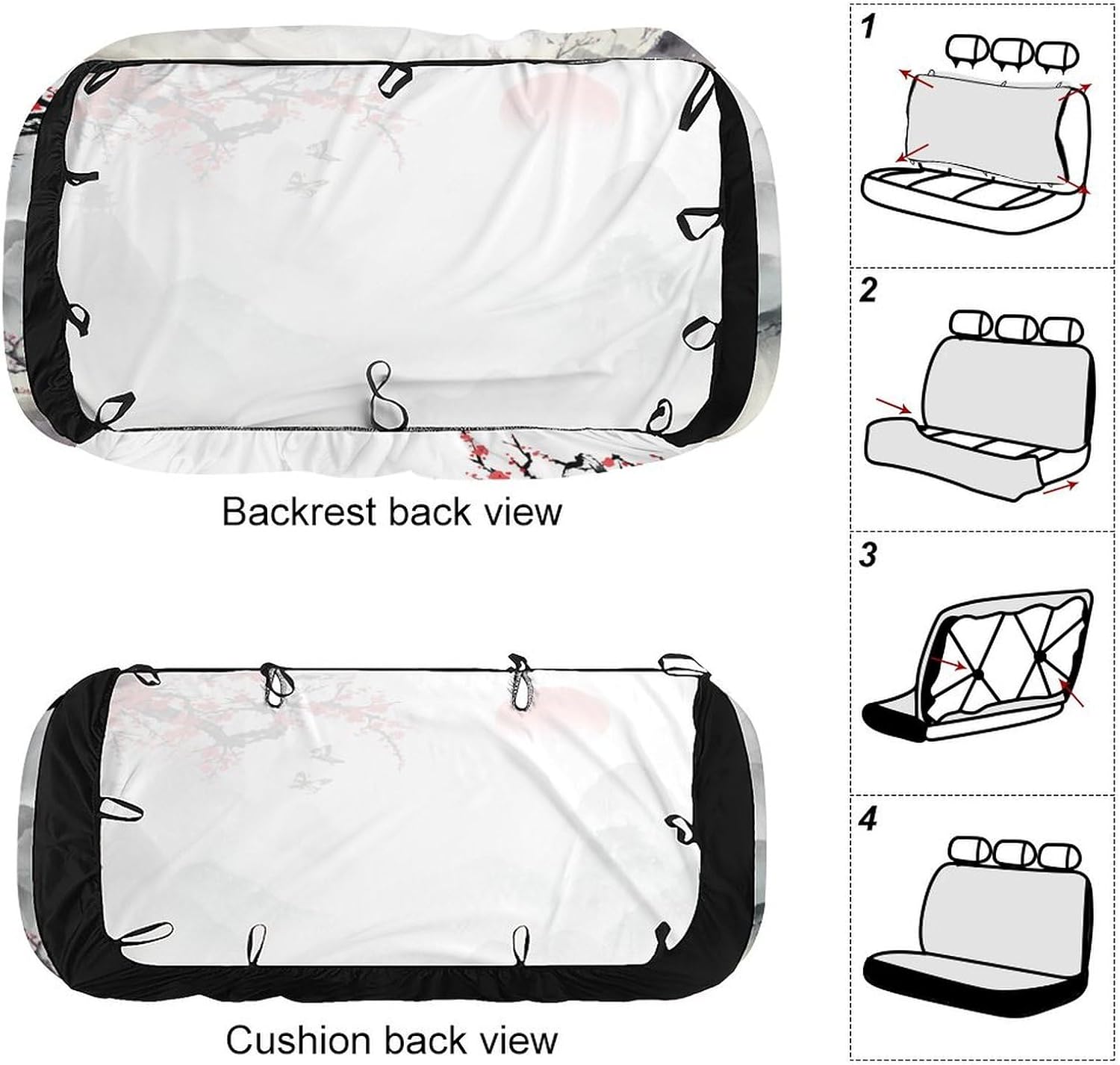 Asian Japanese Waterproof Car Seat Cover for Rear Bench Seat Protection Vintage Cherry Blossom Mountains Red Sun Ink Print Car Rear Seat Covers Breathable Automotive Accessories