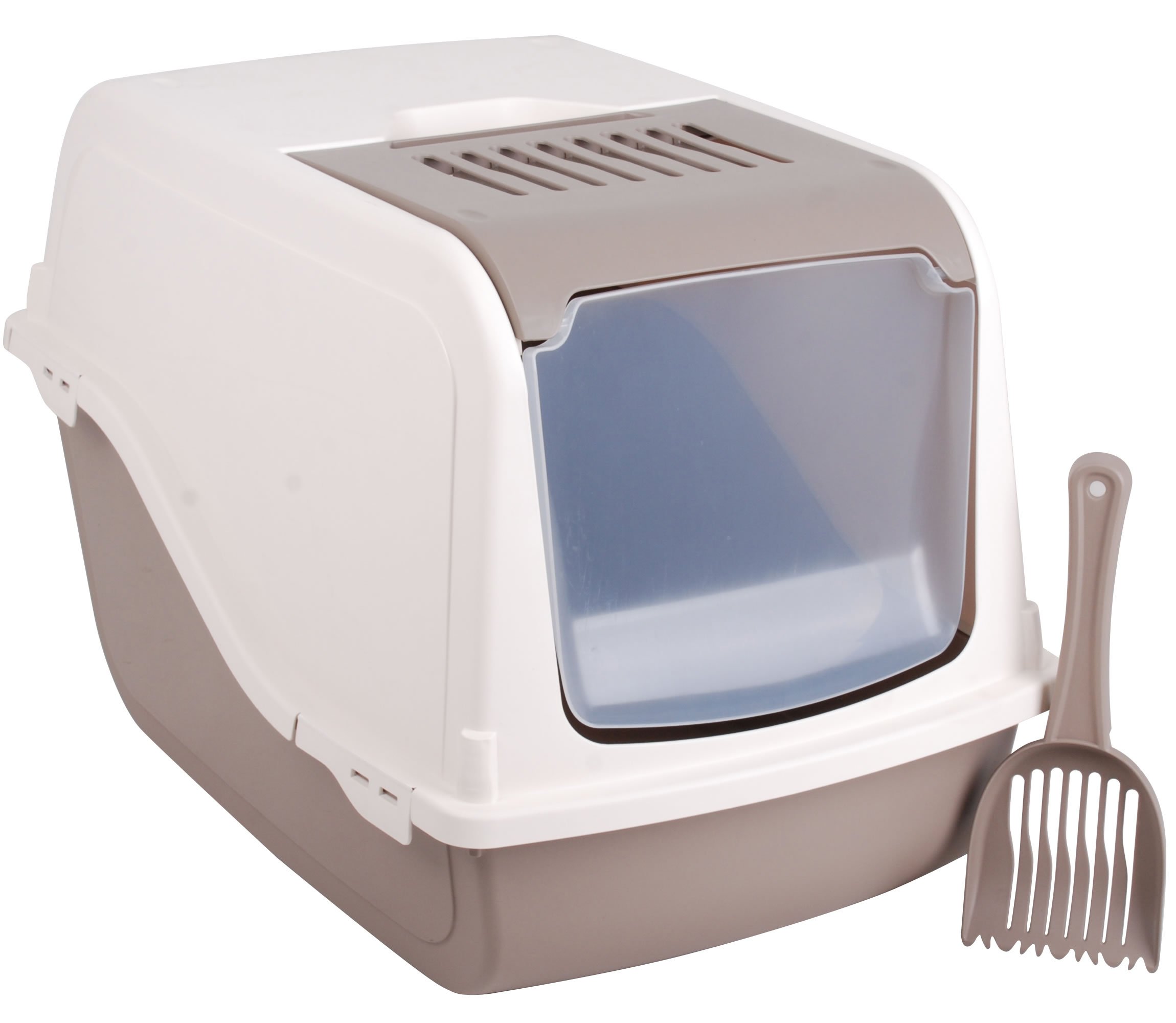 Dogi Click and Secure Premium Hooded Cat Litter Tray, Large, Taupe/Cream