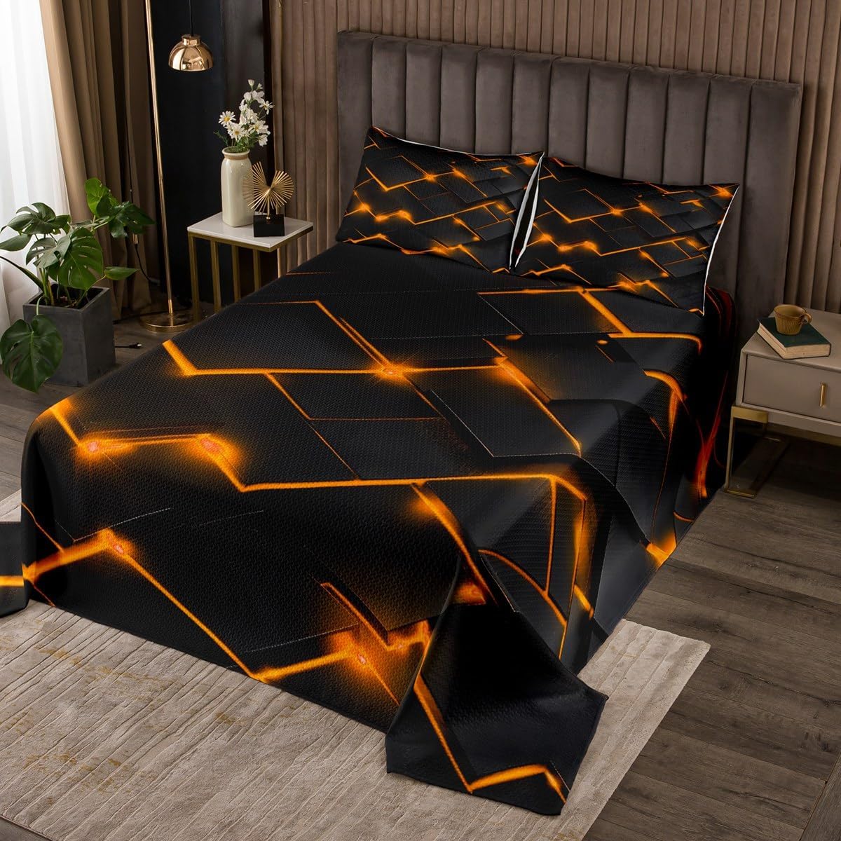 Erosebridal Orange Black Quilt Set for Kids Teens Adults, Neon Geometric Queen Bedspread Set with 2 Pillowcases, 3D Stereoscopic Square Pattern Coverlet Set, Modern Fashion Bed Set