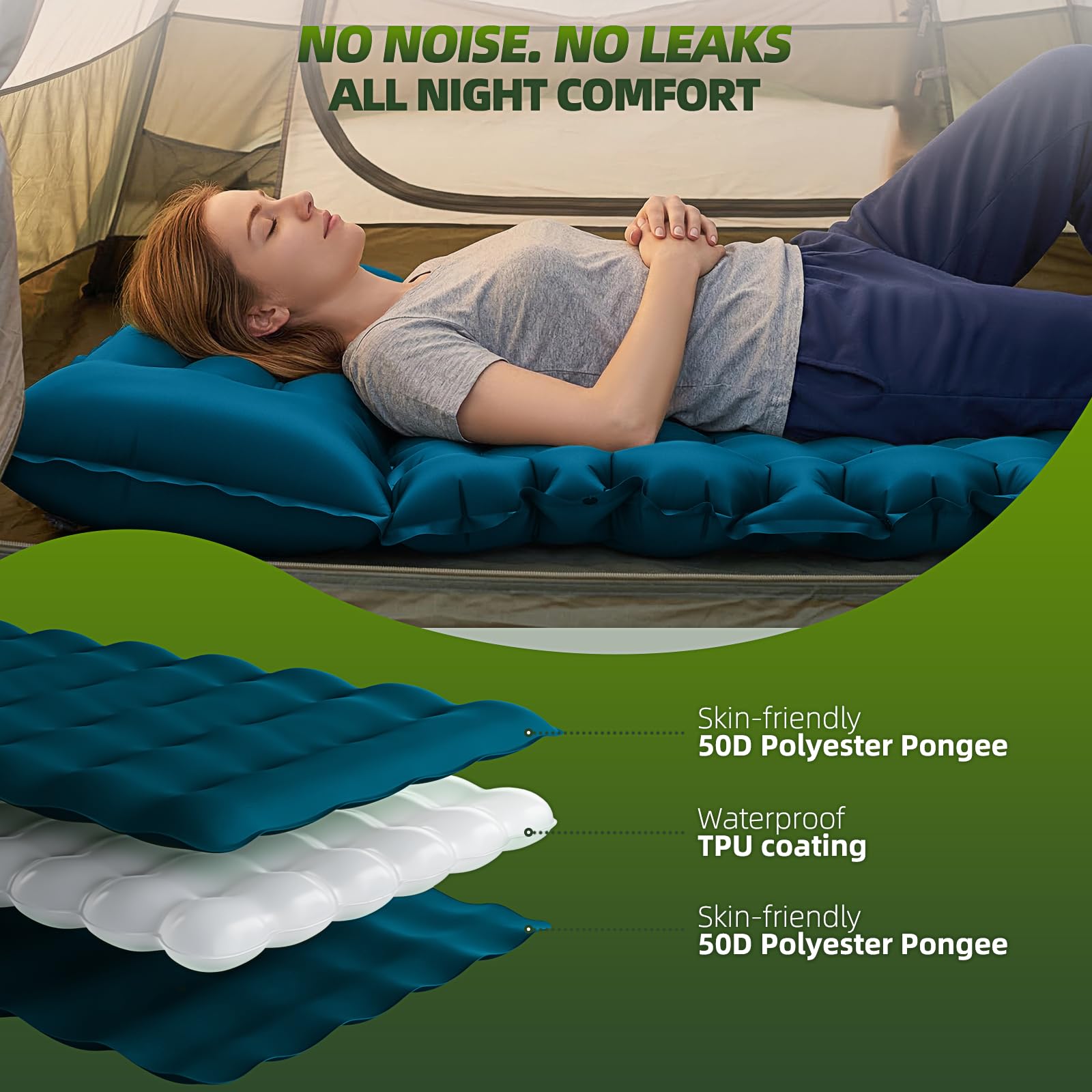 Matelas de Camping Autogonflant 2 Personnes 9.5cm 204x130cm avec Oreiller et Pompe à Pied Intégrée