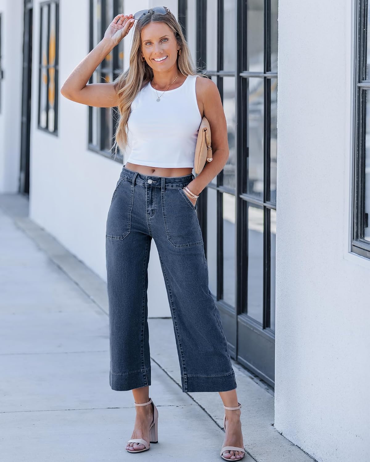 GRAPENT Capri Jeans for Women High Waisted Wide Leg Trendy Strechy Loose Straight Cropped Denim Jeans Pants with Pockets thumbnail