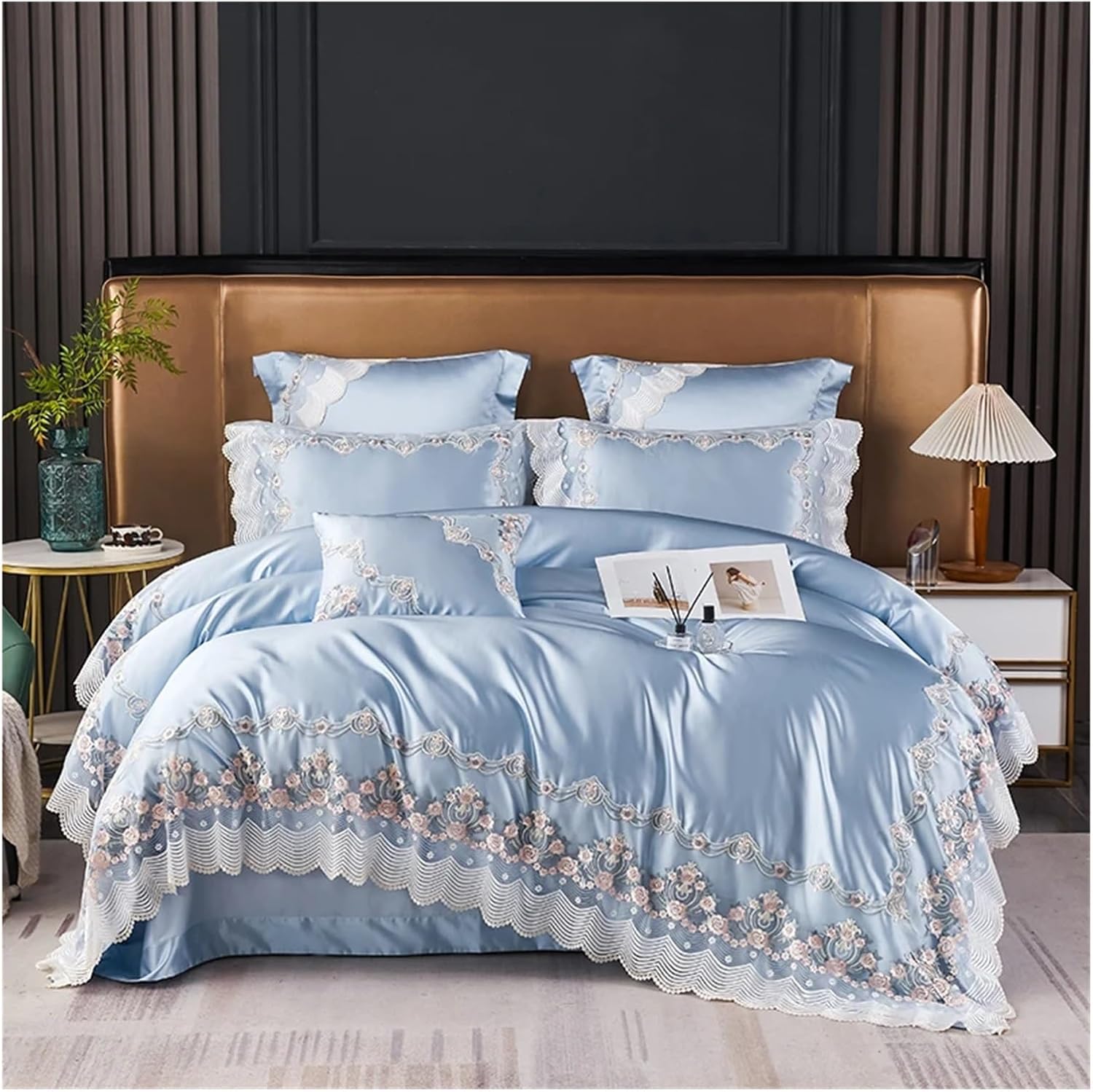 Bed Four Pieces Set Champagne French Wedding Bedding Set Chic Lace Silk Cotton Luxury Princess Duvet Cover Bed Comforter Covers Bed Sheet Pillowcase(B,Fitted Bed Sheet-Queen 4PCS)