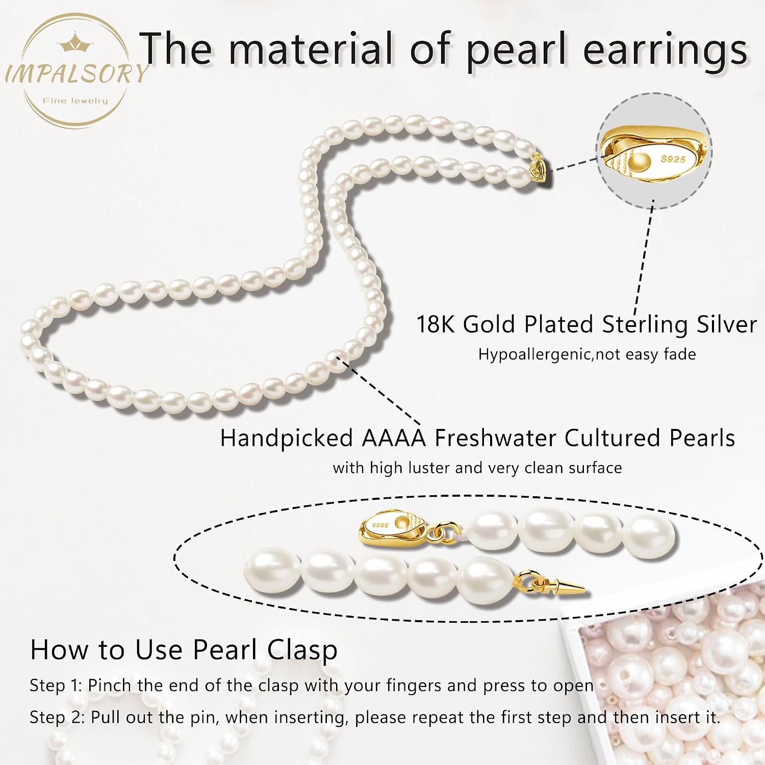 Impalsory Freshwater Pearl Strand Necklace for Women, 18 Inch, AAAA Quality | AAAA quality white cultured pearls in an 18-inch strand with a sterling silver clasp; classic choker style