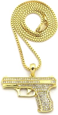 Hip Hop Fashion Iced Out Gun Shape Pendant 24" Various Chain Necklace in Gold Tone