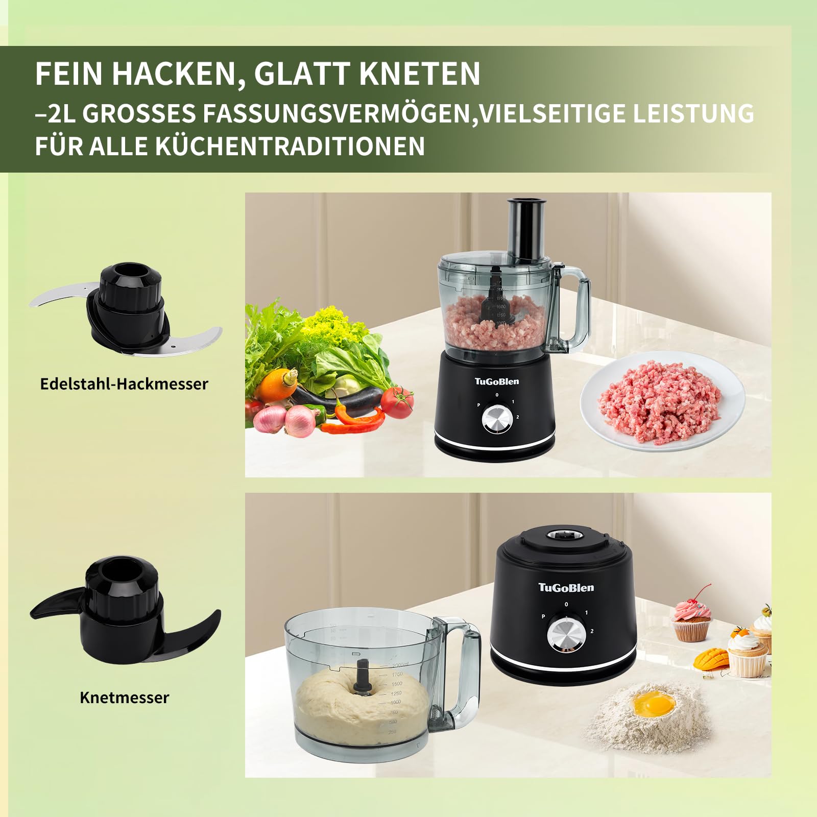 7-in-1 Küchenmaschine mit 2,5L-Verarbeitungsbehälter, 1,5L-Glasmixer, 200ml-Glasmühle, Knet- und S-Klingen, Reibe-, Schneide- und Pommes-Frites-Klingen zum Kochen,für Smoothies und Gewürze